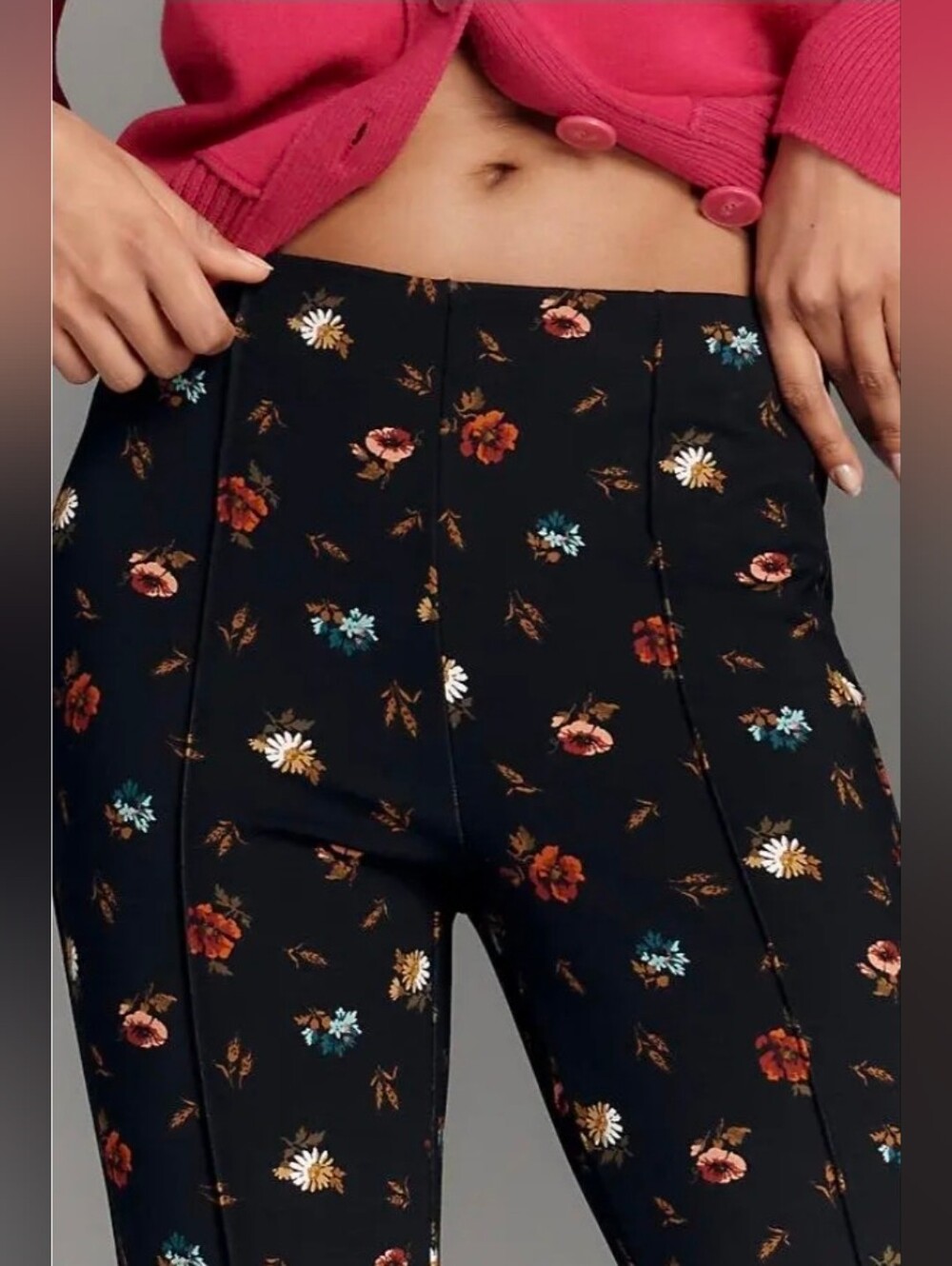 Anthropologie Black Floral Cropped Kick Flare Pull On Pants - Picture 5 of 5
